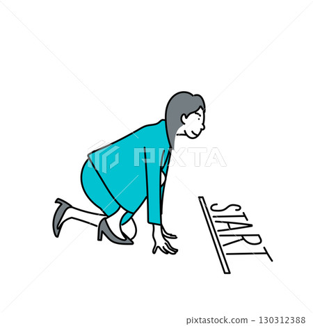 Stock Illustration: A female business person standing at the starting line and the character START Stock Illustration: A female business person standing at the starting line and the character START 130312388