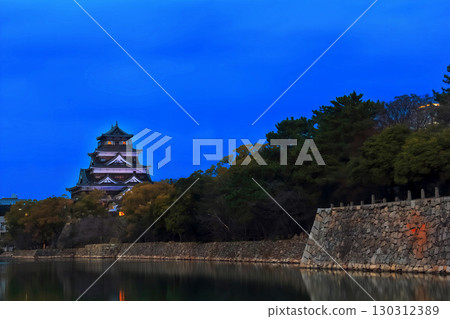 [Hiroshima Prefecture] Night view of Hiroshima Castle illuminated from the inner moat (honmaru and castle tower) 130312389