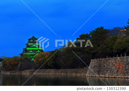 [Hiroshima Prefecture] Night view of Hiroshima Castle illuminated from the inner moat (honmaru and castle tower) 130312390