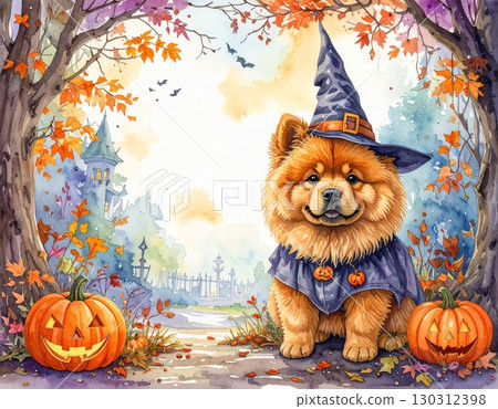 Halloween frame illustration 3 of a Chow Chow dressed as a wizard / Material for flyers and posters 130312398