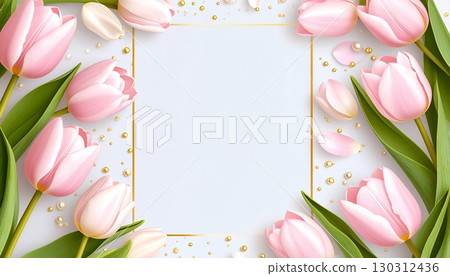 A gorgeous frame background decorated with pale pink tulips 130312436