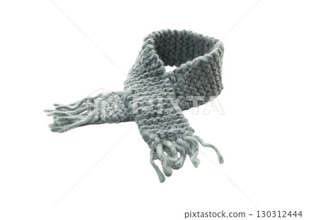 A cozy grey scarf is ready for cold winter days, isolated, PNG 130312444