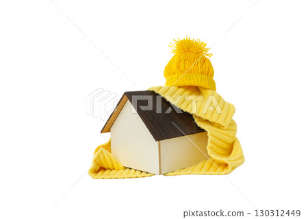 Adorable house in yellow scarf and hat, isolated on white, PNG 130312449