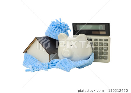 Winter savings: piggy bank and calculator, isolated on white, PNG 130312450