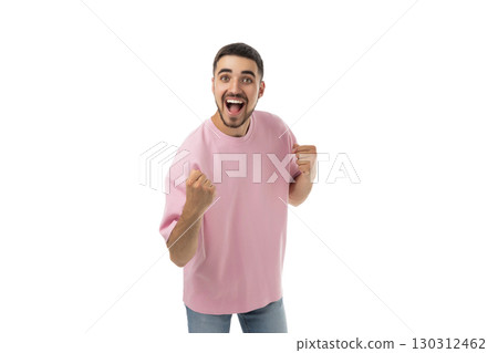 Young man joyfully celebrates with raised fists, isolated, PNG Young man joyfully celebrates with raised fists, isolated, PNG 130312462