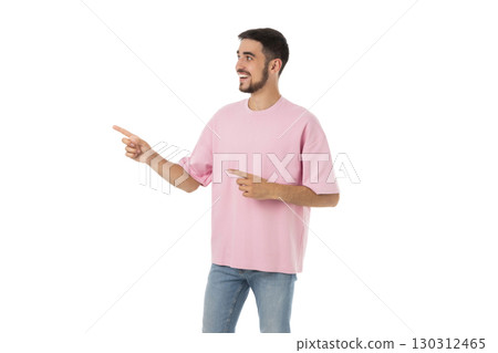 Man with short hair points happily offscreen, isolated, PNG Man with short hair points happily offscreen, isolated, PNG 130312465