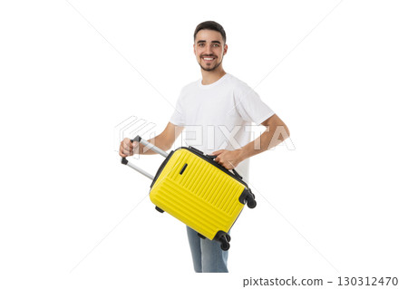 Young man with bright suitcase, ready to travel, isolated, PNG Young man with bright suitcase, ready to travel, isolated, PNG 130312470