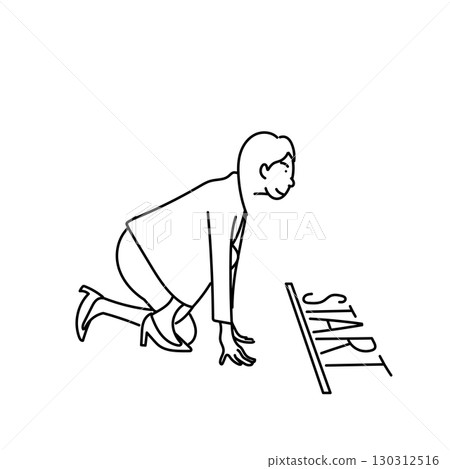 圖庫插圖: 女性商務人士線條畫和START角色站在起跑線上 130312516