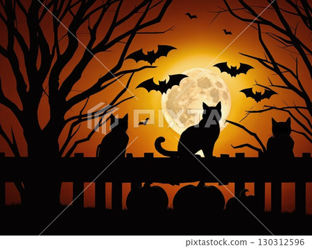 Black cat and full moon silhouette Halloween background illustration 2 130312596