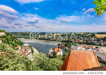 Panoramic view of Passau. Aerial skyline of old town from Veste Oberhaus castle . Confluence of three rivers Danube, Inn, Ilz, Bavaria, Germany. 130312782