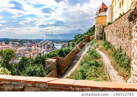 Panoramic view of Passau. Aerial skyline of old town from Veste Oberhaus castle . Confluence of three rivers Danube, Inn, Ilz, Bavaria, Germany. 130312783