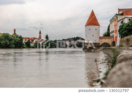 Panoramic view Schaibling Tower and promenade on river Inn, Passau, Lower Bavaria, Germany. 130312797