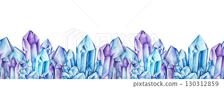 Crystal seamless border decor ornamental element watercolor illustration. Hand drawn vintage style vibrant shiny blue and violet gemstone mineral decoration isolated on white background 130312859