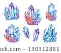 Bright and shiny crystal minerals decor element watercolor illustration set. Hand drawn vibrant rainbow color gemstones vintage style mineral collection on white background 130312861