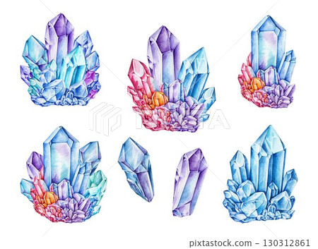 Bright and shiny crystal minerals decor element watercolor illustration set. Hand drawn vibrant rainbow color gemstones vintage style mineral collection on white background Bright and shiny crystal minerals decor element watercolor illustration set. Hand drawn vibrant rainbow color gemstones vintage style mineral collection on white background 130312861