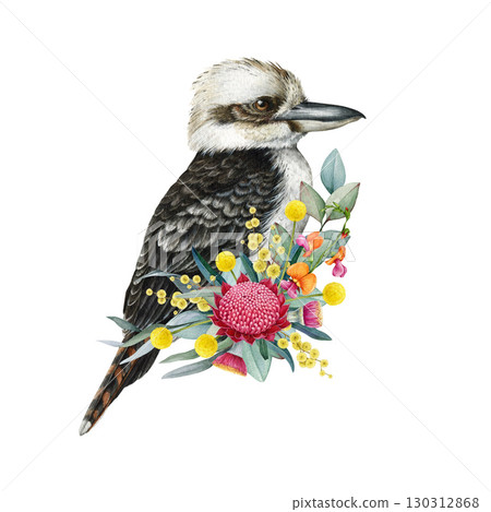 Kookaburra with floral decor hand drawn watercolor vintage style illustration. Australian endemic laughing kookaburra wildlife bird with Australia wildflowers native flora decor on white background 130312868
