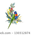 Rainbow lorikeet with floral decor hand drawn watercolor vintage style illustration. Australian endemic parrot wildlife bird with Australia wildflowers native flora decoration on white background 130312874