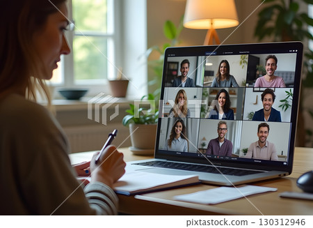 Woman in Online Meeting with Colleagues Discussing Project 130312946
