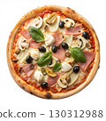 Top view of capricciosa pizza isolated on white background 130312988
