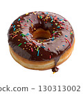 Chocolate glazed donut with colorful sprinkles isolated on white background 130313002