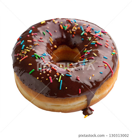 Chocolate glazed donut with colorful sprinkles isolated on white background 130313002