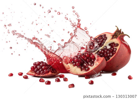 Pomegranate with Juice Splash Isolated on White Background 130313007