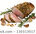 Whole roasted pork tenderloin with herbs and garlic isolated on white background 130313017
