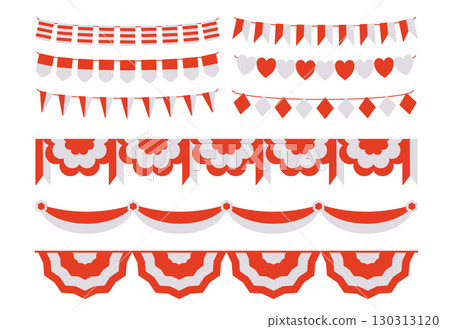 set of red and white decorative ornaments and bunting Indonesian flag various shapes and styles of pennants and garlands perfect for celebrating national holidays in vector 130313120