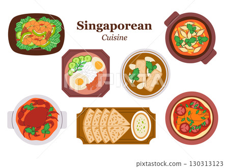 Popular Singaporean dishes food illustration. The collection features various traditional foods such as chili crab laksa satay nasi lemak prata roti toast and fish head curry oyster omelete 130313123