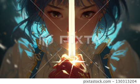 夢幻般的動漫女孩拿著一把閃亮的劍 130313204