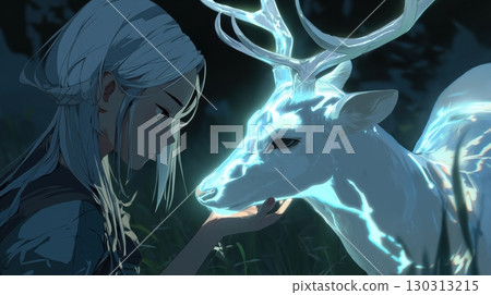 A fantastical girl who shares a heart with a white deer 130313215