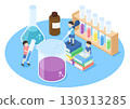 Isometric illustration of kids doing an experiment with aqueous solution 130313285