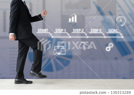 Image of a businessman following the steps from the start to the finish line 130313289