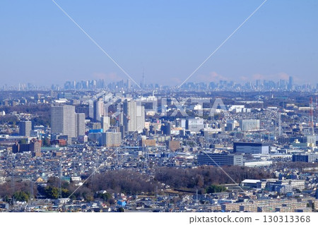 View of Sagamihara city and downtown buildings from Tsukui Castle's Takasaki Archery Range [Tsukui, Sagamihara City, January] 130313368