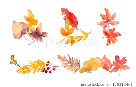 Watercolor painting. Autumn vector frame with watercolor paints and dead leaves. Illustration of autumn leaves. Autumn leaves background. Watercolor painting. Autumn vector frame with watercolor paints and dead leaves. Illustration of autumn leaves. Autumn leaves background. 130313401