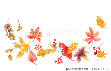 水彩畫。秋天向量框架與水彩顏料和枯葉。秋葉插圖。秋葉背景。 130313405