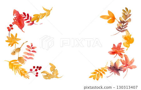 Watercolor painting. Autumn vector frame with watercolor paints and dead leaves. Illustration of autumn leaves. Autumn leaves background. 130313407