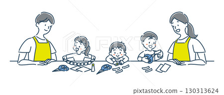 Illustration material of a smiling girl and boy kindergartener and nursery teacher making crafts Illustration material of a smiling girl and boy kindergartener and nursery teacher making crafts 130313624