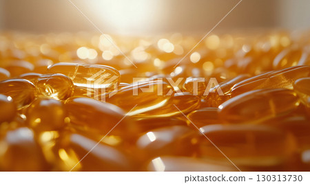 Golden capsules glimmer softly, created with AI 130313730