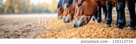 Cattle enjoy fresh feed in a serene countryside setting, created with Generative AI 130313734