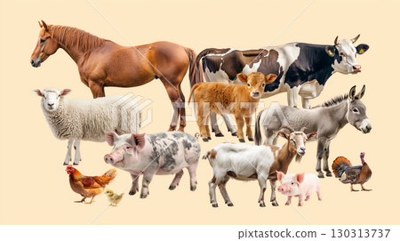Various farm animals posed together on a light backdrop, created with Generative AI 130313737