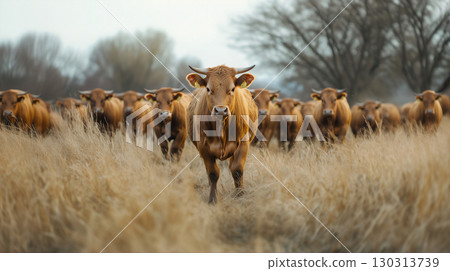 Cattle gather in a golden field surrounded by tall grass, created with Generative AI 130313739