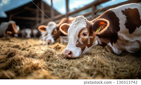 Cattle relax on straw, basking in the sun, created with Generative AI 130313742