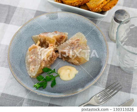 Pieces of homemade pork aspic, meat jelly 130313826