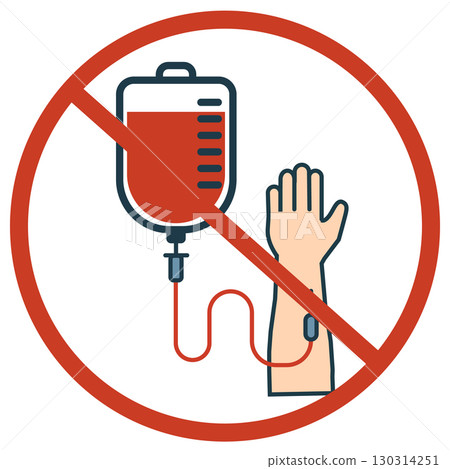 No blood transfusion icon. Prohibited IV drip symbol. Healthcare restriction sign. Not allowed be a donor. flat style. 130314251