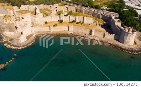 Aerial view of ancient Mamure Castle on Mediterranean coast, Turkey 130314273