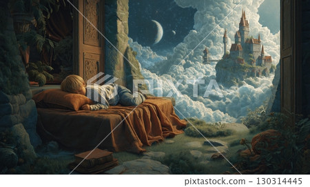 夢幻般的風景，一個熟睡的孩子夢想著雲中的城堡 130314445