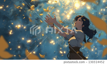 A fantastic illustration of a girl chasing light-fluttering leaves 130314452
