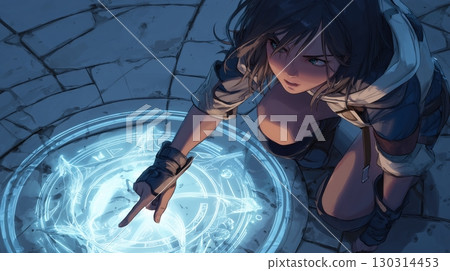 A fantastic anime scene of a girl drawing a magic circle 130314453
