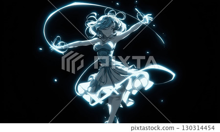 A fantastic illustration of a girl dancing with ribbons of light 130314454